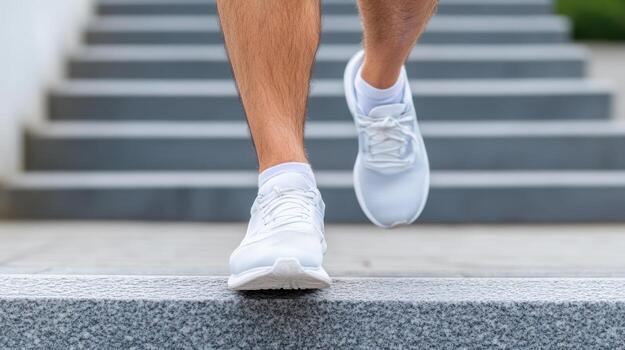 A man in white sneakers running up some stairs photo