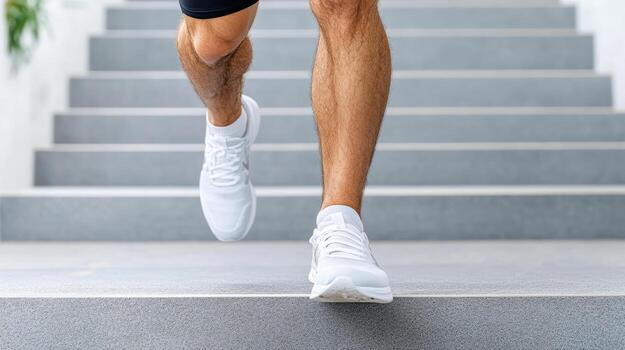 A man in shorts and sneakers running up stairs photo