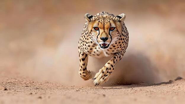 A cheetah running on the ground in the desert photo