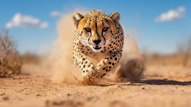 A cheetah running through the desert photo