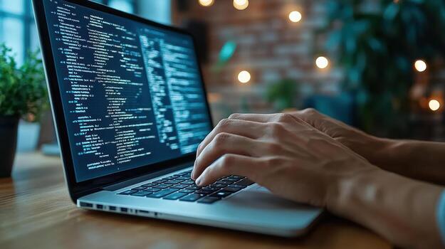 un persona utilizando un ordenador portátil con código en el pantalla foto
