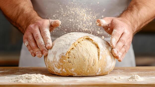A person is sprinkling flour on a bread photo