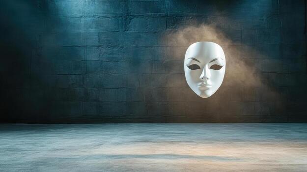 A white mask floating in the air in a dark room photo