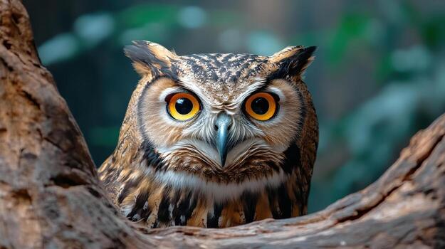 An owl with big eyes is sitting on a branch photo