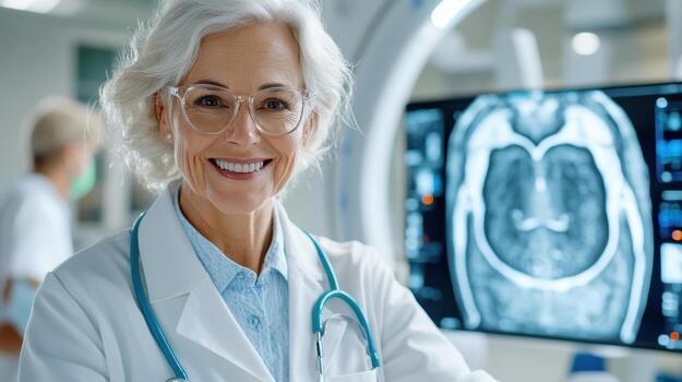 un sonriente mujer en un laboratorio Saco es en pie en frente de un computadora pantalla foto