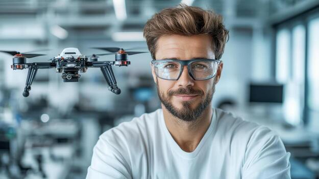 A man in glasses is holding a remote control drone photo