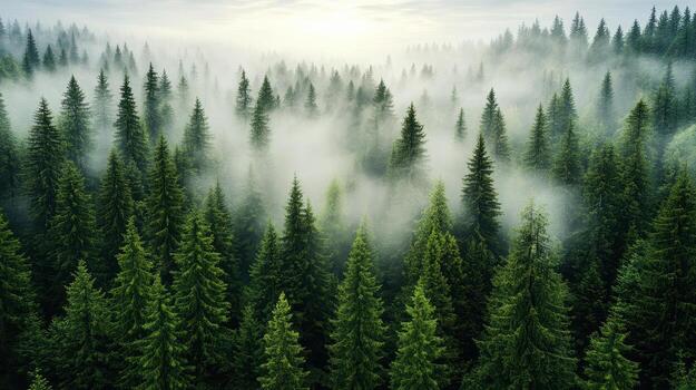 A forest with trees and fog in the sky photo