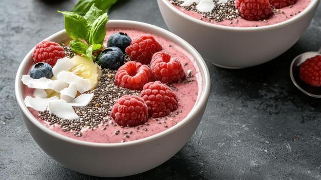 Two bowls of smoothie with berries and chia seeds photo