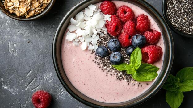 Chia seeds, raspberries and blueberries in a bowl photo