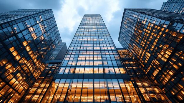 Tall buildings with windows and lights in the evening photo