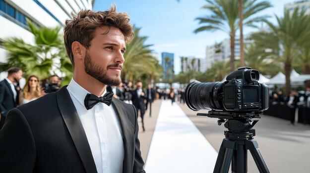 A man in a tuxedo standing next to a camera photo