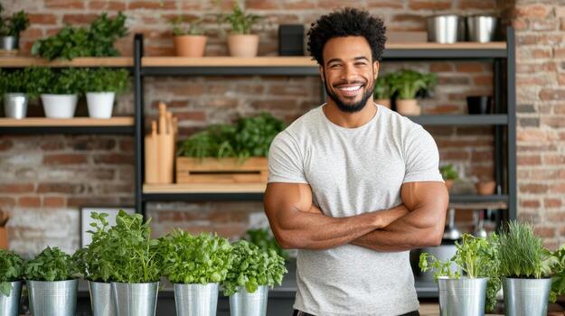 A smiling man standing in front of potted plants photo