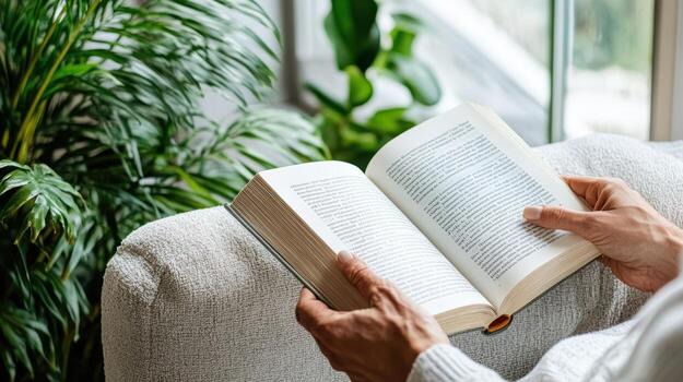 A person is reading a book on a couch photo
