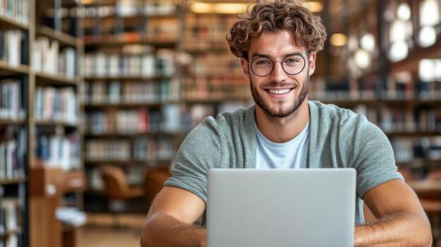 A smiling man in glasses is using a laptop in a library photo