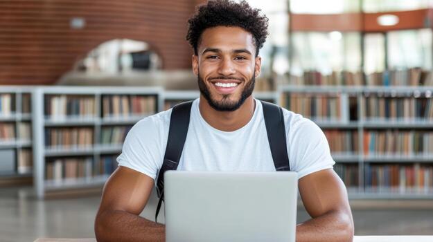 A smiling young man with a laptop in front of a library photo