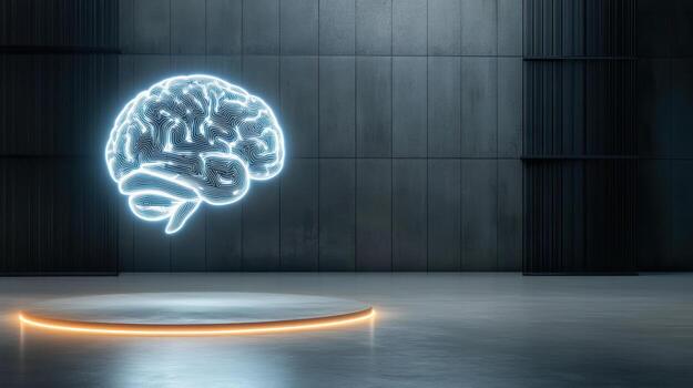 A glowing brain in a room with a wall photo