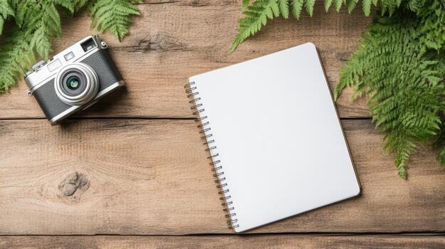 A notebook, camera and ferns on a wooden table photo