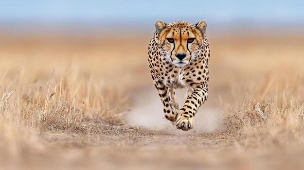 A cheetah running across a field in the middle of the day photo