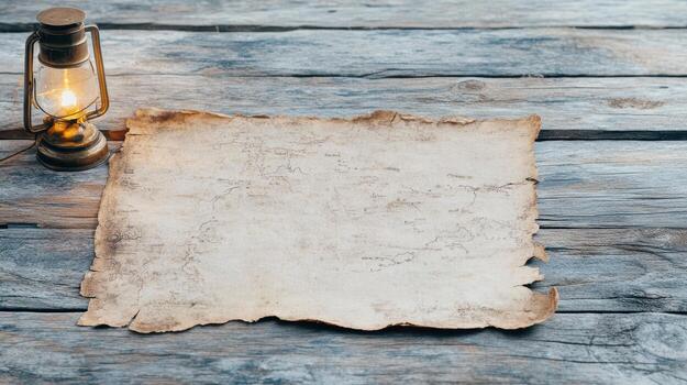Old map and lantern on wooden table photo
