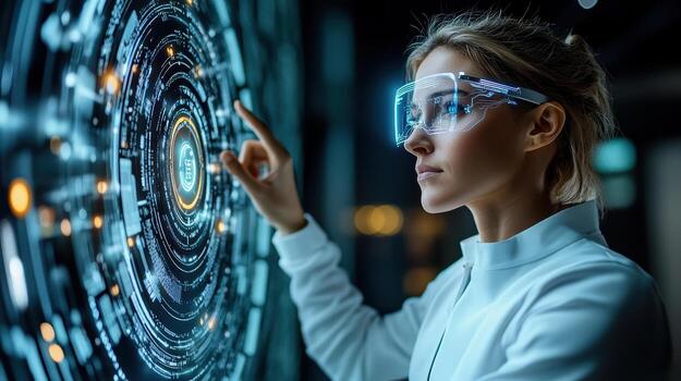 A woman in a white lab coat is pointing at a futuristic interface photo