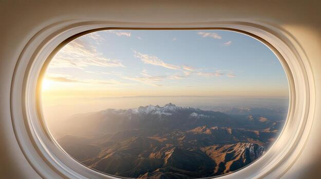 An airplane window looking out at a mountain range photo