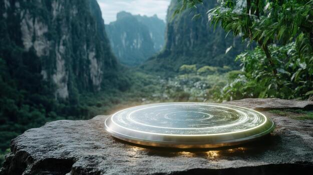 A circular object on top of a rock in the middle of a forest photo