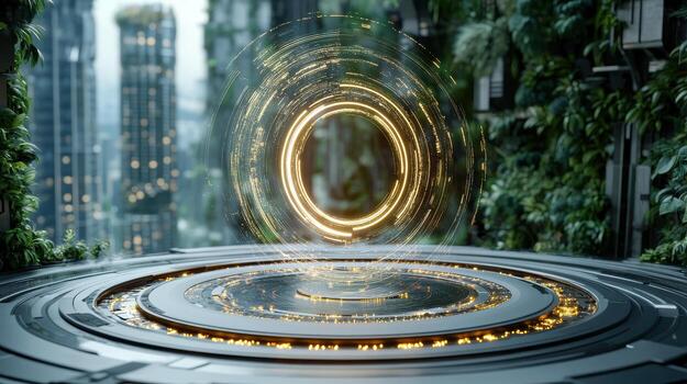 A futuristic city with a circular structure in the middle photo