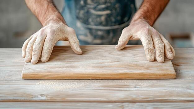 Hands of a carpenter working on a wooden board photo