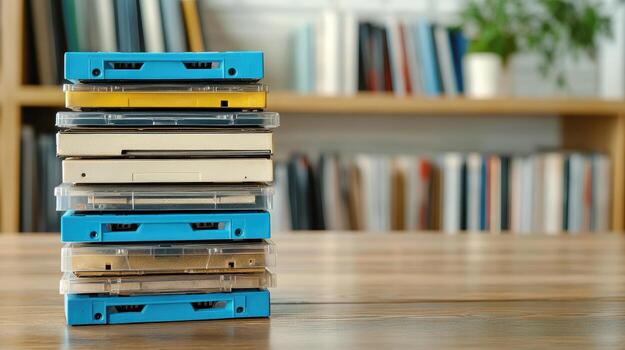 Stack of old cassettes on wooden table photo
