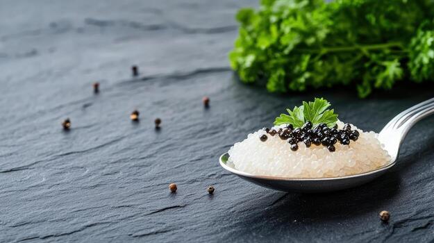 Coriander seeds and black pepper on spoon on black background photo