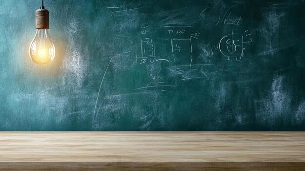 An empty table with a light bulb on it and a chalkboard photo