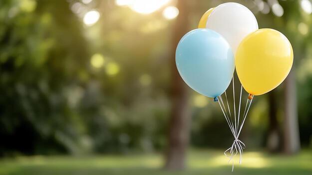 Three balloons in the air with trees in the background photo