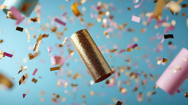 Confetti falling from a tube on a blue background photo