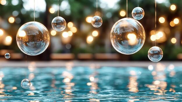 Many bubbles floating in a pool with lights photo