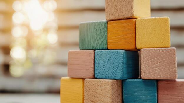 Colorful wooden blocks stacked on top of each other photo