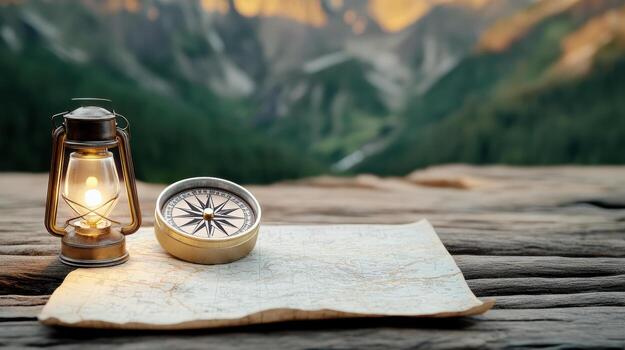 Compass and lantern on map in the mountains photo