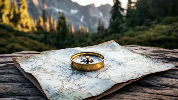 A compass on a map in the mountains photo