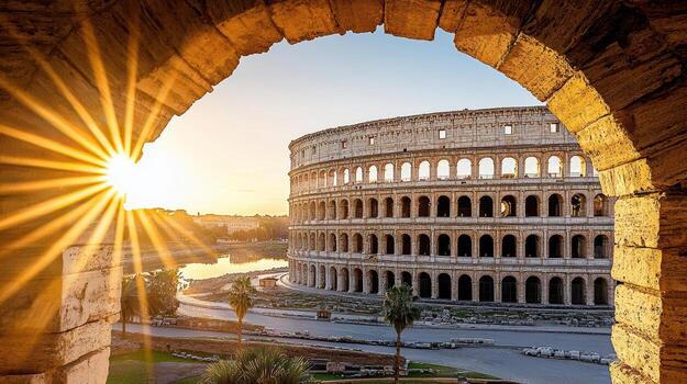 The sun shines through an archway in front of the colossion photo