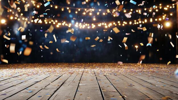 Confetti falling from the ceiling of a wooden stage photo