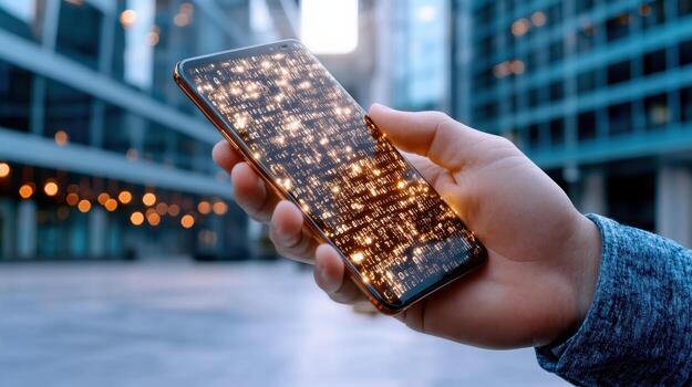 A man holding a smartphone with glowing lights on the screen photo