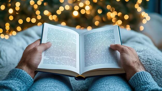 A person reading a book in front of a christmas tree photo