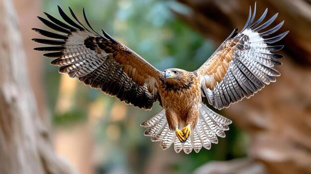 A hawk flying over a tree with its wings spread photo