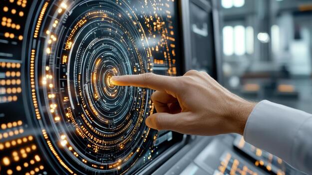 A person touching a button on a computer screen photo