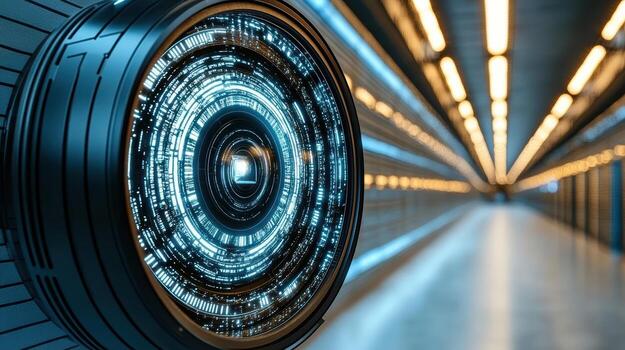 A futuristic looking data center with a circular object photo