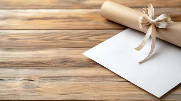 Blank paper and a roll of paper on a wooden table photo
