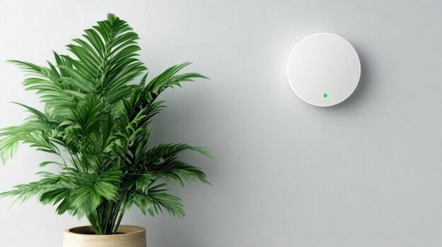 A plant next to a white wall and a white circular device photo