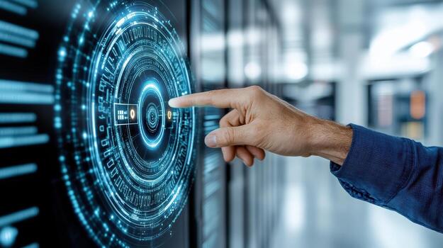 A man touching a digital interface in a data center photo