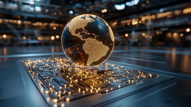 mundo mapa en un circuito tablero con brillante luces foto