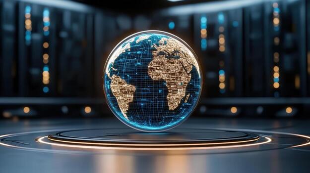The world is connected in a data center with a globe on the top of the server photo