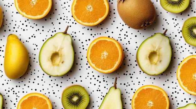A variety of fruits are arranged in a pattern photo